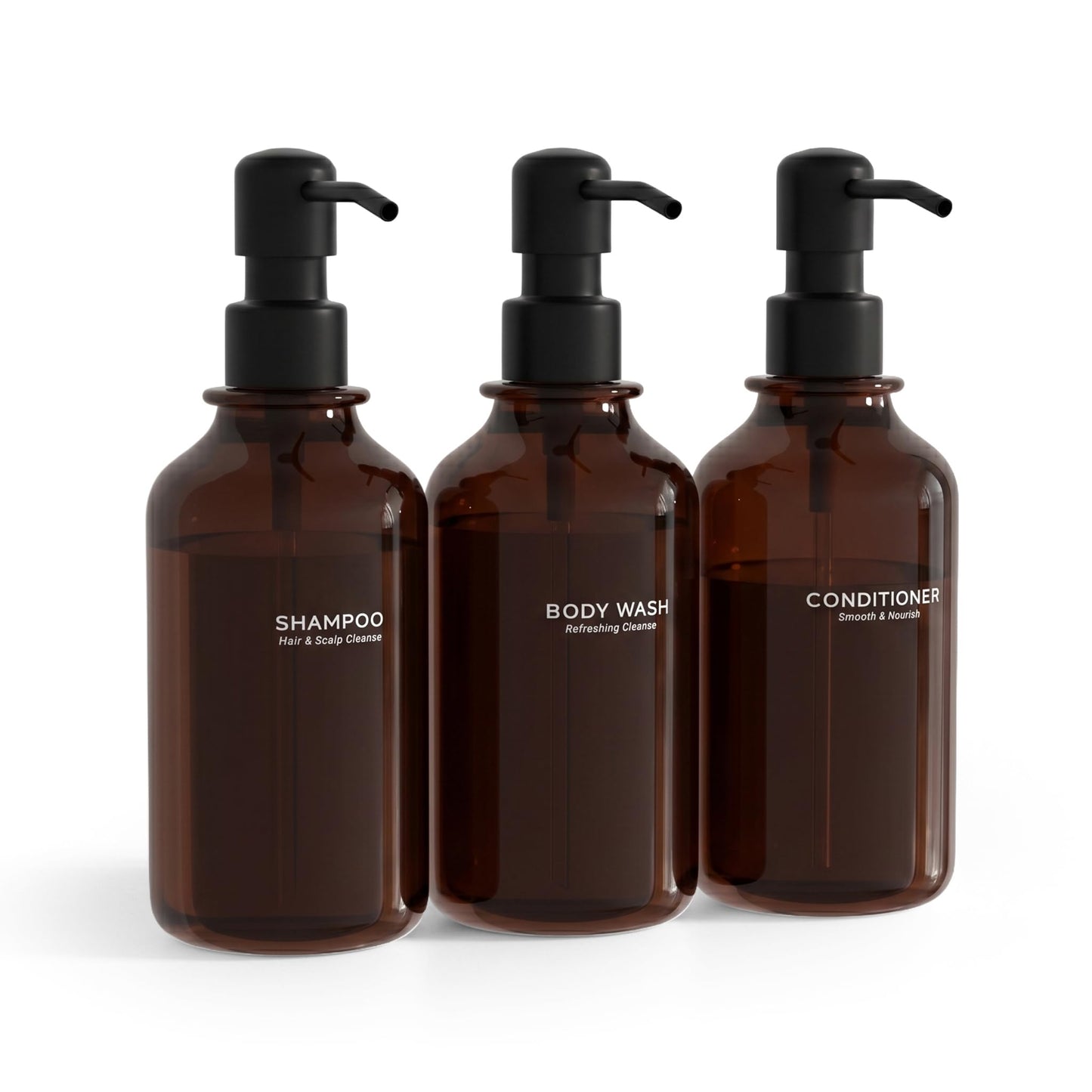 Shampoo and Conditioner Dispenser Set of 3, 17oz Refillable Body Wash Bottles, Shower Soap Dispenser for Bathroom Organization, Rust-Proof Stainless Steel Pumps, 17 Labels, Amber+Black