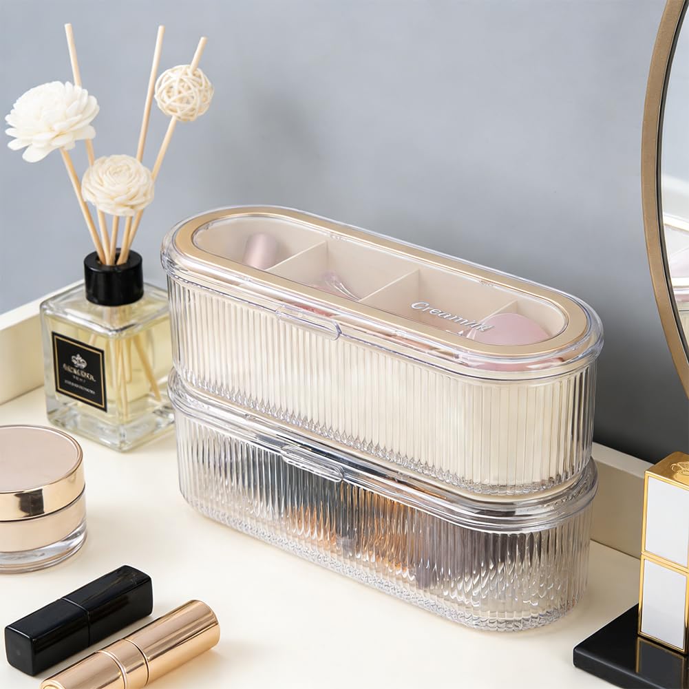 GOMAKERER 2 Pcs 2 Styles Makeup Brush Holder, Clear Makeup Sponges Organizer with Lid for Vanity, Bathroom & Countertop, 10.6 x 3.7 x 3.2 Inch