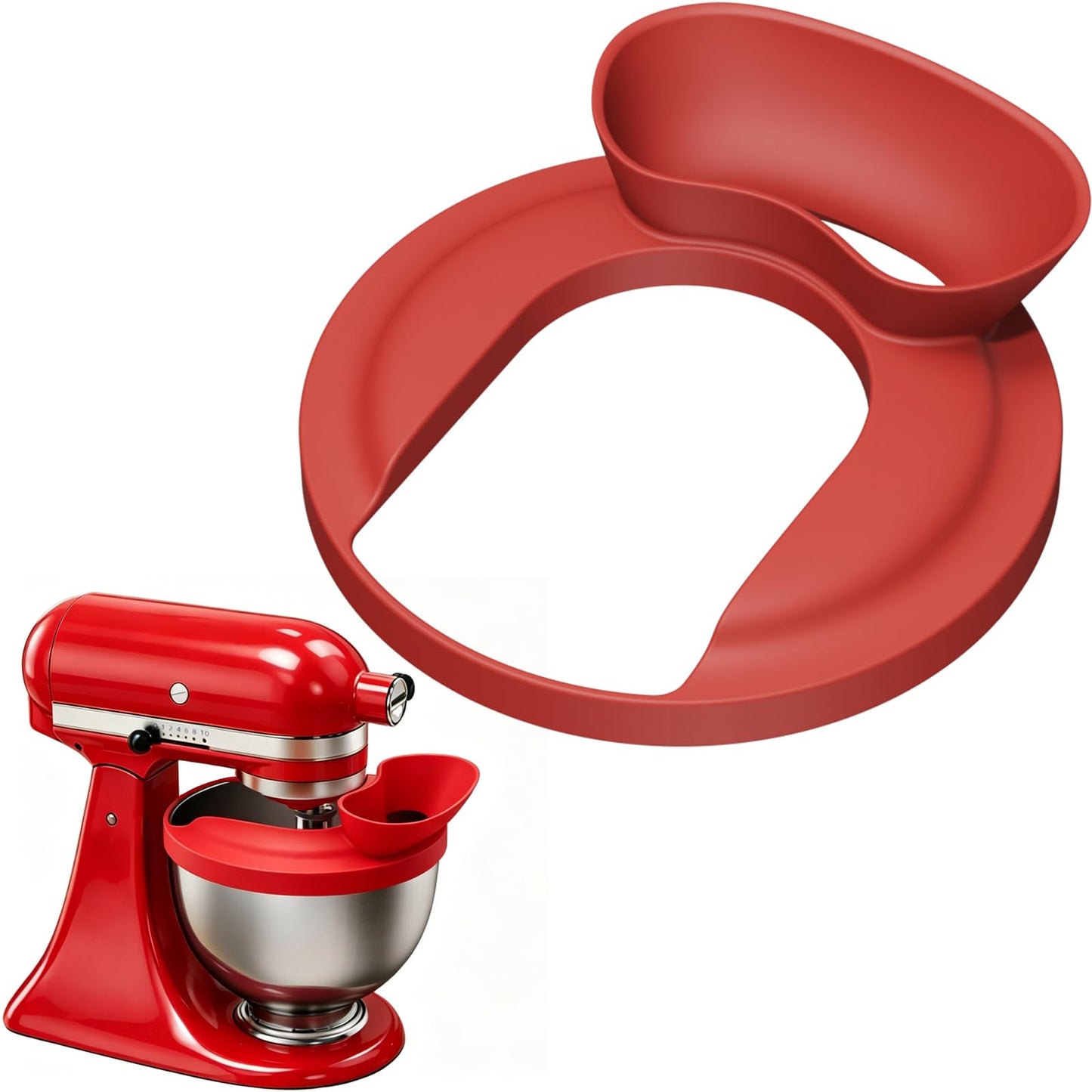 Flour Funnel with Pouring Shield for KitchenAid 4.5-6QT Mixer, Silicone Splash Guard with Flour Funnel for Kitchen Aid Mixer Tilt-Head and Bowl-Lift, Dishwasher Safe Baking Tool (Red)
