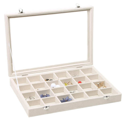Stratalife Jewelry Organizer Jewelry Tray with See-through Lid 24 Grids Earring Display Showcase Large Velvet Storage Box for Earring Necklace Rings Dice Beige
