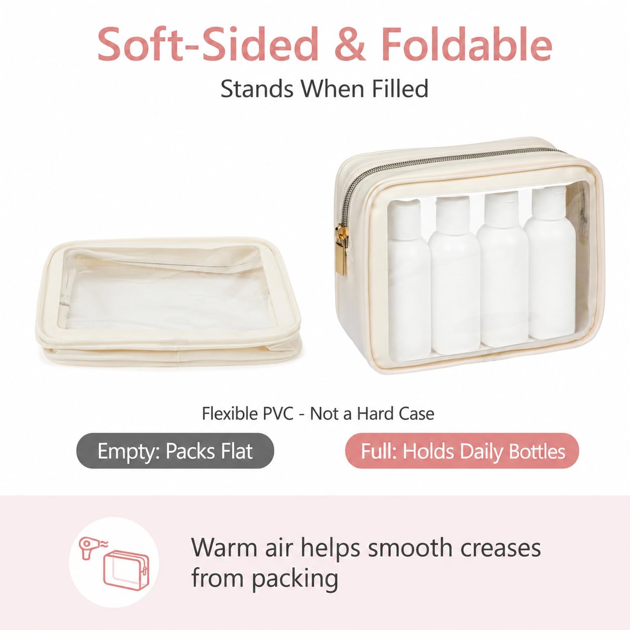 PACKISM Clear Makeup Bag 3 Pack Medium - Foldable TSA Approved Toiletry Bag Quart Size for Travel Bottles, Water Resistant Multipurpose Car Storage Organizer with Reinforced Seams, Beige