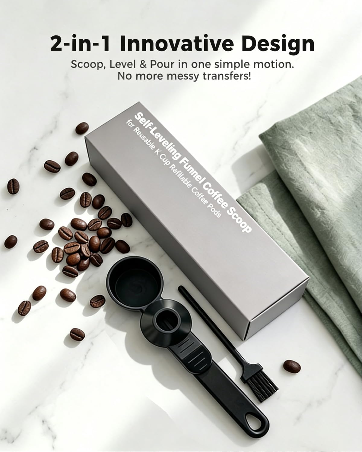 2 TBSP No‑Spill Coffee Scoop with Funnel, Mess‑Free Measuring Spoon for Ground Coffee, Protein Powder & Tea, Reusable Coffee Pod Refill, Equipped with Cleaning Brush, Black, 2 Pack