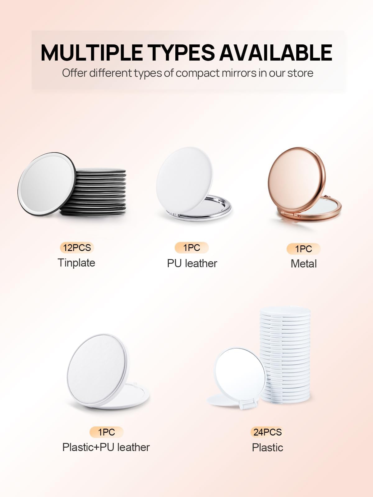 Getinbulk Compact Mirror for Purse, Pack of 6 Double-Sided 1X/2X Magnifying Round Metal Pocket Makeup Mirrors (Round, Pink Marshmallow)