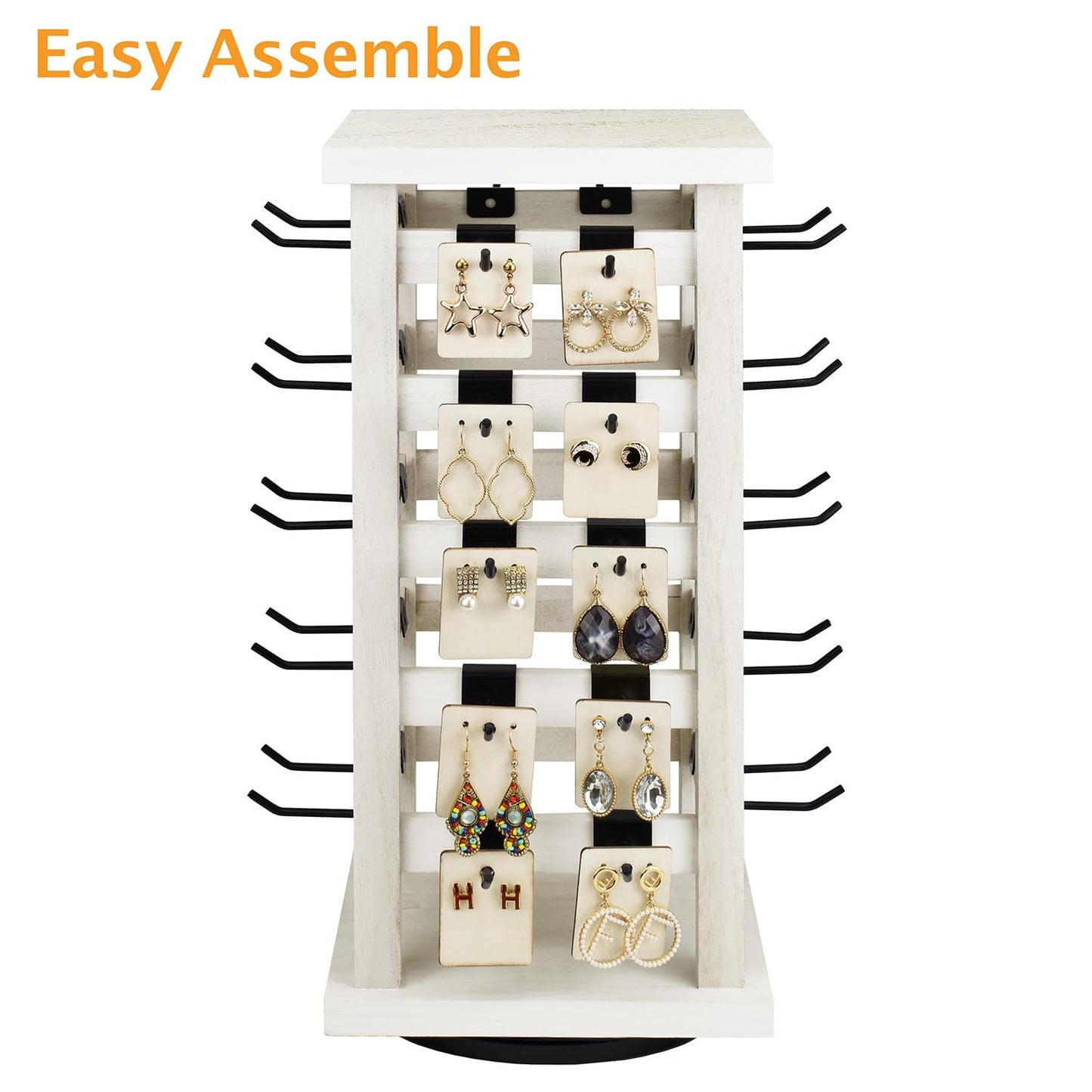 Ikee Design 5 Tiers Easy Assemble Wood Rotating Jewelry Display Tower With 42 Removabl Hooks,Spinning Earring Card Storage Display Stand for Store, Showcase, Tradeshow and Home, Wash White Color