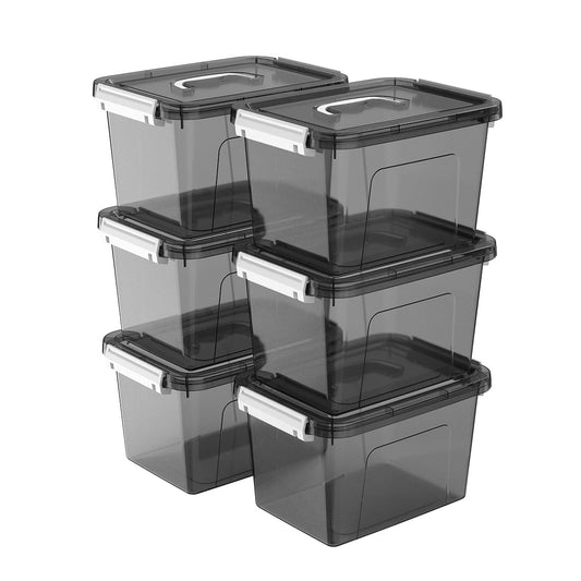 JUJIAJIA 6 Quart Stackable Plastic Storage Bins with Lids, 6 Pack Clear Black Small Organizer Boxes with Latches for Bathroom, Pantry, Office Desk and Small Item Storage