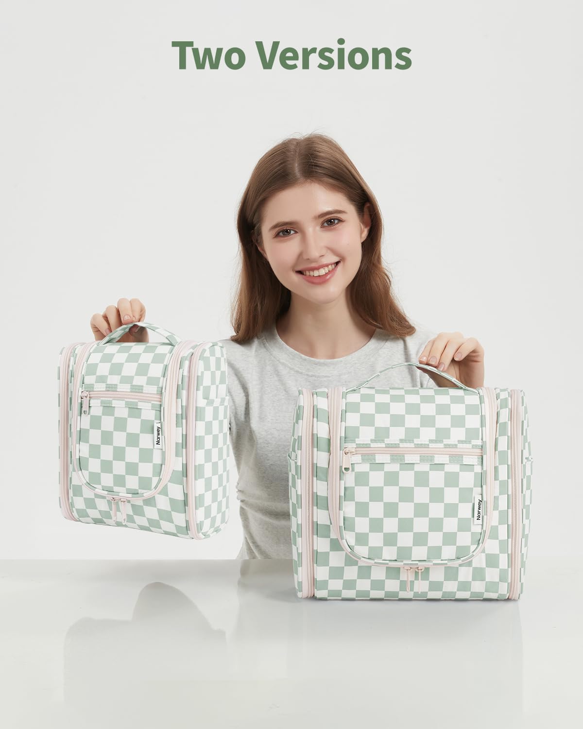 Narwey Hanging Travel Toiletry Bag for Women, Travel Bag for Toiletries, Checkered Makeup Bag Organizer, Cosmetic Make Up Bags for Travel Size Essentials, Skincare, Brushes (Mint Green Checkerboard)