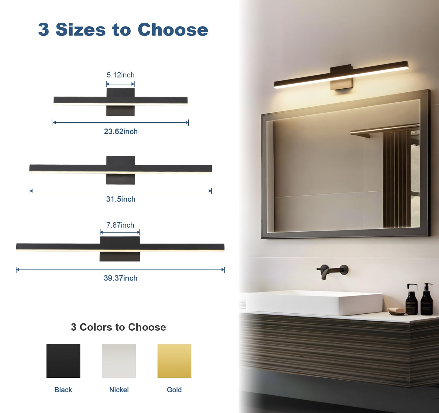 Joossnwell Black Bathroom Light Fixture Over Mirror 5CCT Dimmable Vanity Lights Bar for Bathroom Modern Bath Vanity Light 31.5 Inch Led Bath Lamp ETL Certificated