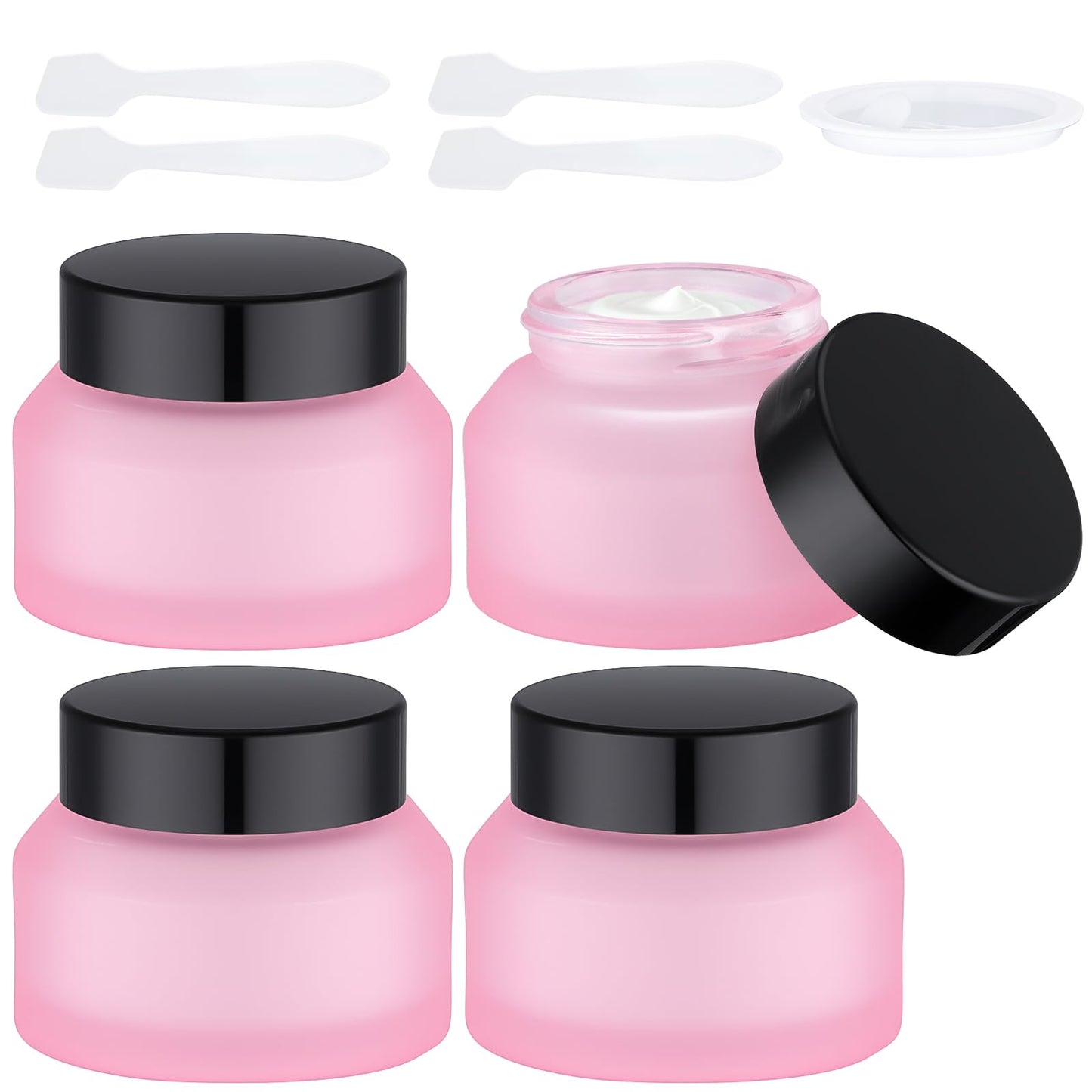 Segbeauty 1.7oz Small Frosted Glass Containers with Lids, Small Refillable Glass Jar for Lotion Cream Jars with Lids, Pink Travel Size Containers 4pcs 50ml, Empty Travel Size Bottles Jar with Spatulas