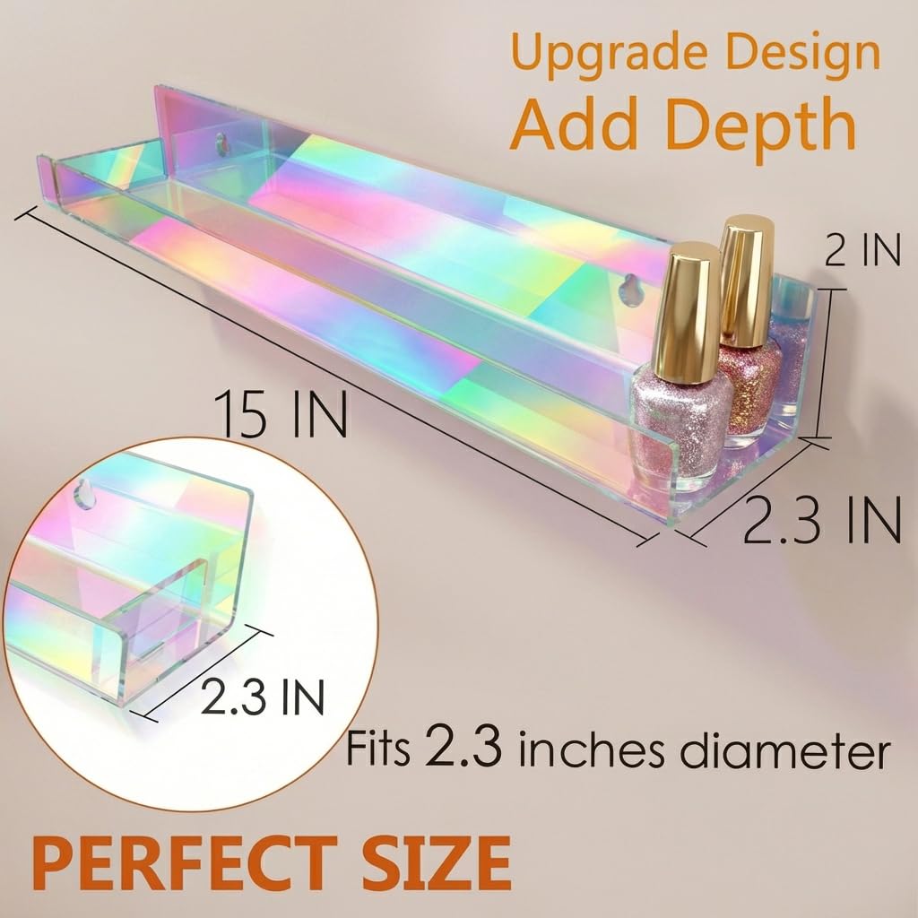 RORKIM 4 Pack 15 Inch Iridescent Acrylic Shelves, Clear Rainbow Floating Shelves for Wall, Modern Sunglasses Essential Oil Picture Ledge Display Toy Storage Wall Shelf