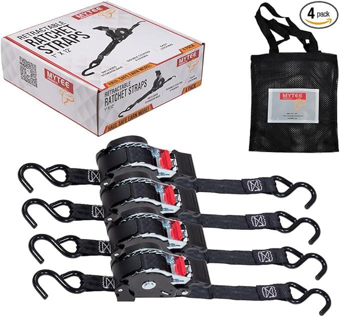 Mytee Products 4 Auto Retract NO-RATCHETING Ratchet Straps | 1" x 12' Retractable Ratchet Straps with Coated S Hook Tiedowns for Motorcycles, ATVs, Bikes: Tight & Secure Pickup Trailer Tie-Down