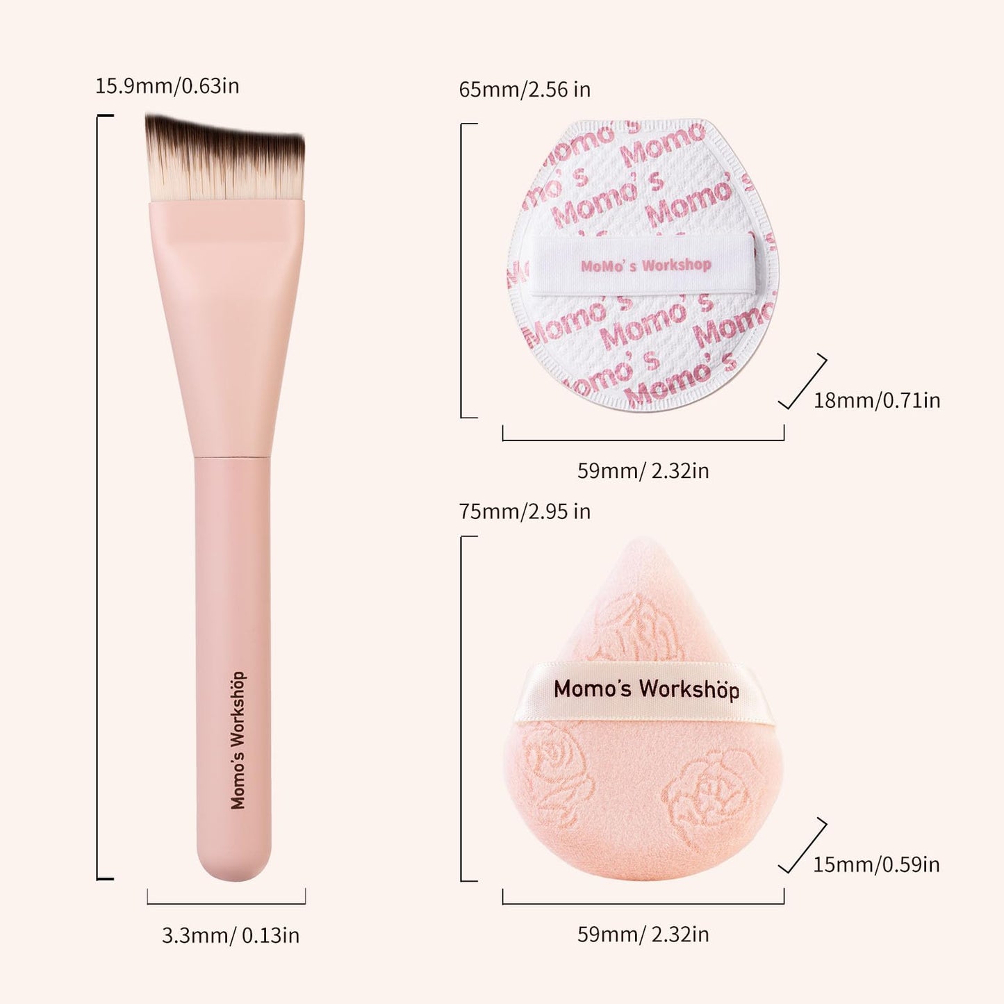 Momo's Workshop Rosy Reverie Trio Makeup Brush and Sponge Set–Pink & White 3-Piece Kit for Foundation and Powder& Fish Tail Brush, Flat Blending Sponge & Velour Powder Puff for a Flawless Finish