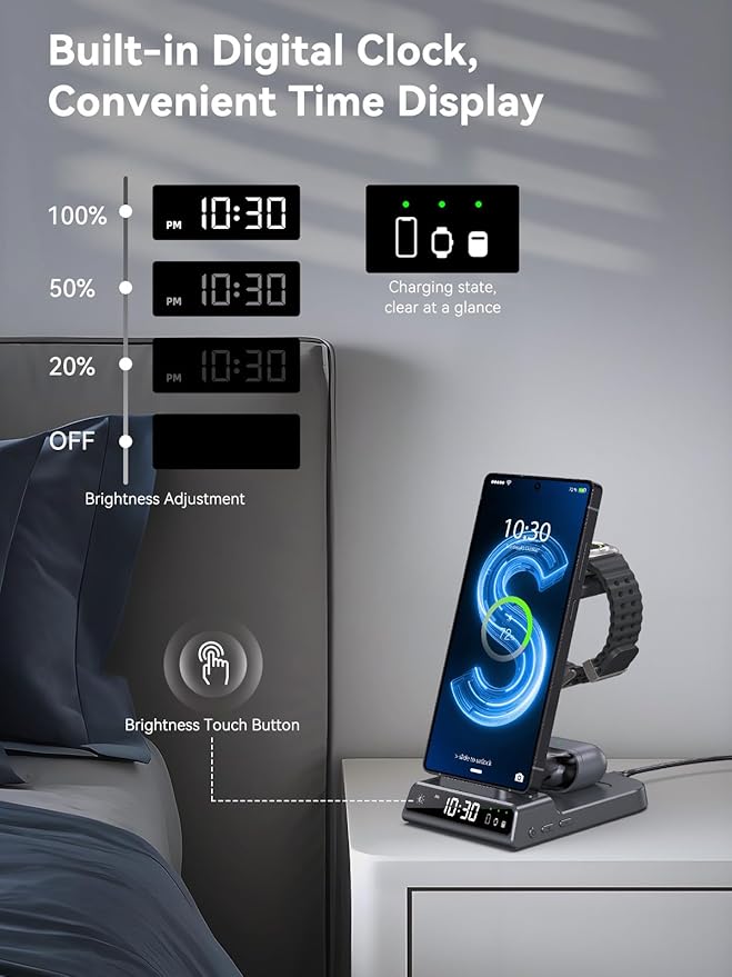 Wireless Charger for Samsung Charging Station with Clock for Samsung Galaxy S25 Ultra/S24/Z Fold 7/Flip 7/6/Bud, 3 in 1 Android Charging Station, Watch Charger for Samsung Galaxy Watch 8/7/6/5 (Grey)