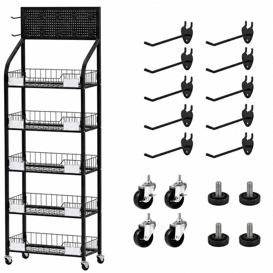 Rjdjbflc Heavy-Duty 5 Tier Snack Rack Display Stand for Stores & Vendor Events, 300LBS Capacity Q235 Steel Retail Display Shelf with Sliding Baskets, 4 Wheels, Leveling Feet & 10 Price Tags