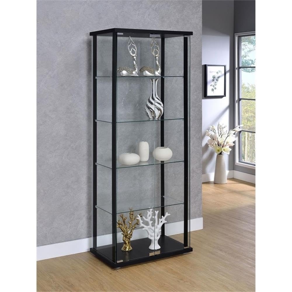 BOWERY HILL Contemporary Glass Wood Curio Cabinet, Black Finish, 5 Shelves, 64.25" H x 23.75" W x 14.5" D, Mirrored Back with Hinged Glass Door for Living Room or Dining Room Display