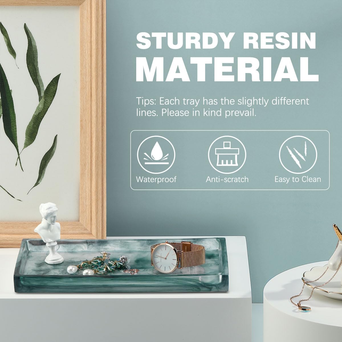 Emibele Bathroom Tray - Resin Countertop Vanity Tray with Jewelry Storage & Organizer for Candle, Plant, Perfume, Shampoo, Towel - Home Decor, Medium, Ink Green