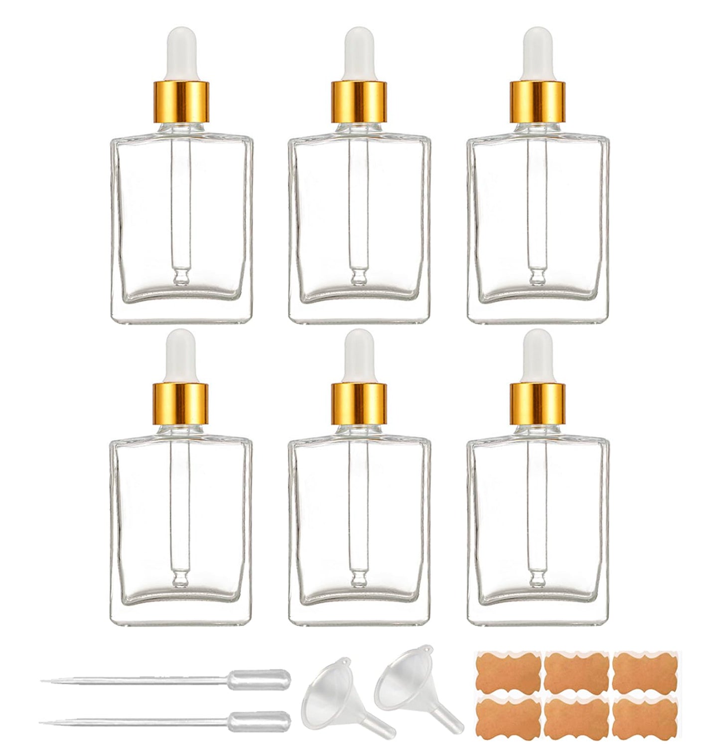 BEGIKET 6 Pack 1.7oz Clear Square Glass Dropper Bottles, 50ml Empty Square Perfumes Bottles with Eye Droppers, for Essential Oils,Liquids, Tincture Bottle (Clear -Golden Cap)