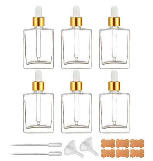 BEGIKET 6 Pack 1.7oz Clear Square Glass Dropper Bottles, 50ml Empty Square Perfumes Bottles with Eye Droppers, for Essential Oils,Liquids, Tincture Bottle (Clear -Golden Cap)