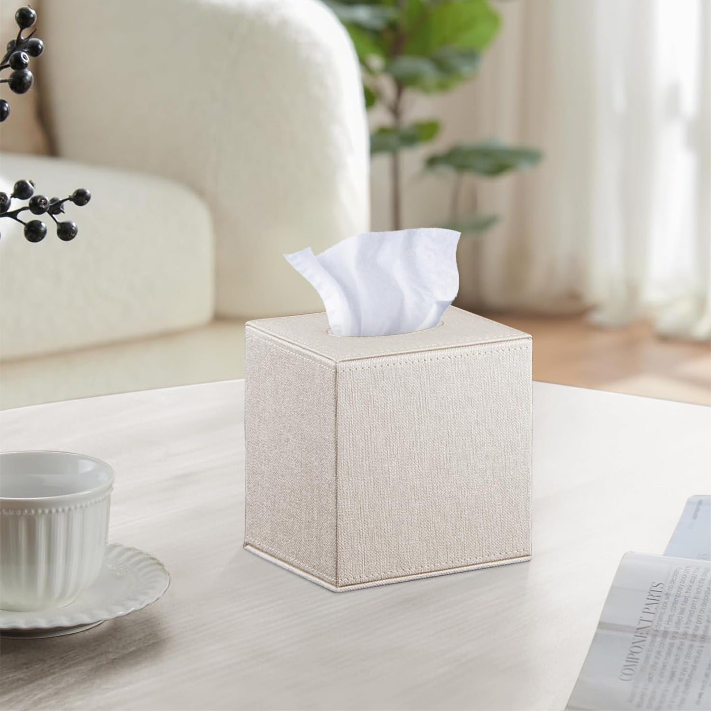 Leather Square Tissue Box Cover,Cut Tissues Cube Box Holder,Modern Facial Paper Organizer Storgage,Box Tissue Dispenser Decor Accessories for Bathroom NightStand Coffee Table Desk Home Office,Beige