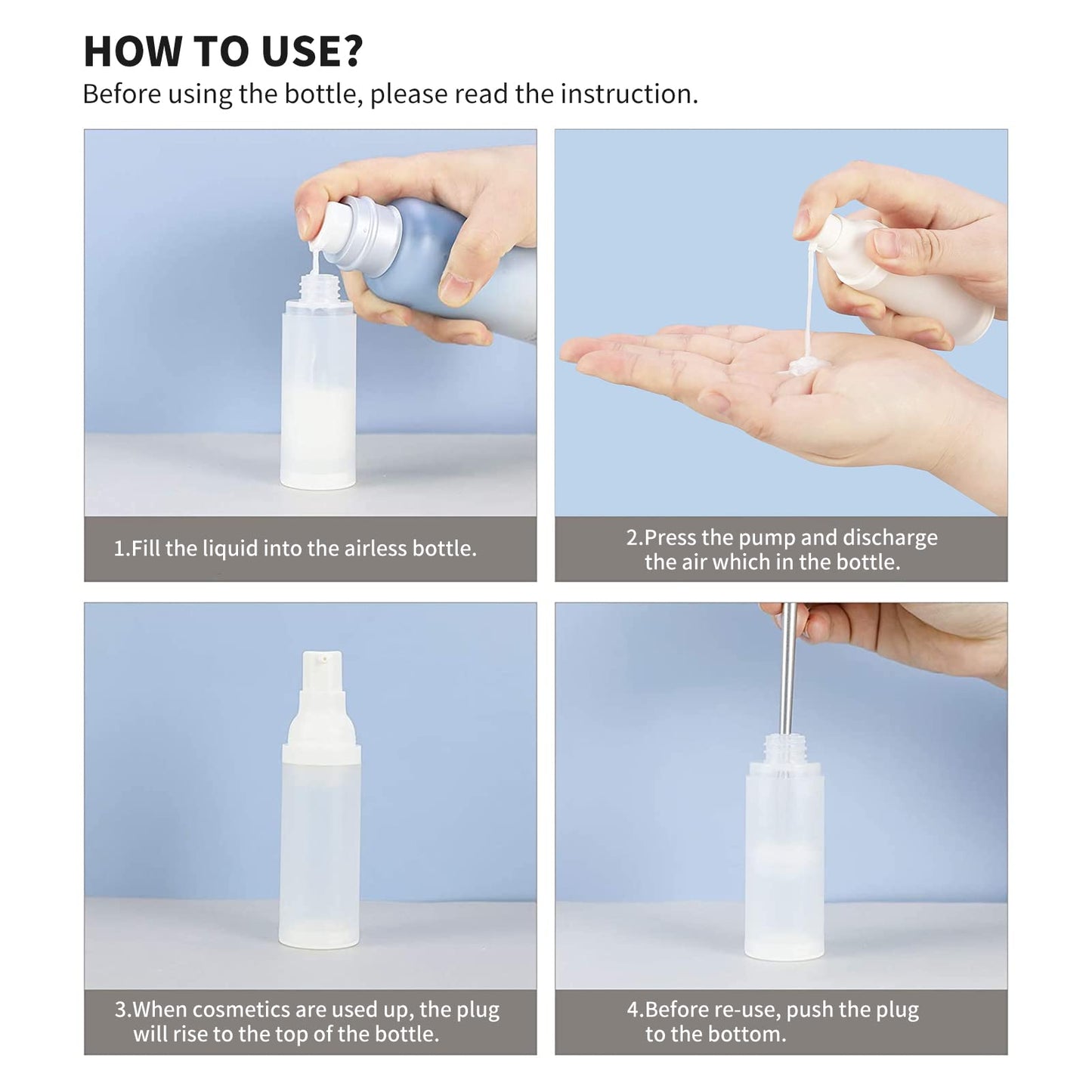 LONGWAY 1oz 30ml Airless Cosmetic Cream Pump Bottle Travel Size Dispenser Refillable Containers/Foundation Travel Pump Bottle for Shampoo（Pack of 6, Frosted Translucent）