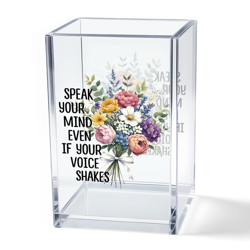 Vgrti Speak Your Mind Even If Your Voice Shakes Acrylic Cosmetic Pencil Pen Holder Cup, Women's Rights Pen Holder Cup, Promotion Appreciation Gifts for Women Men Lawyer Judge Legal Social Worker