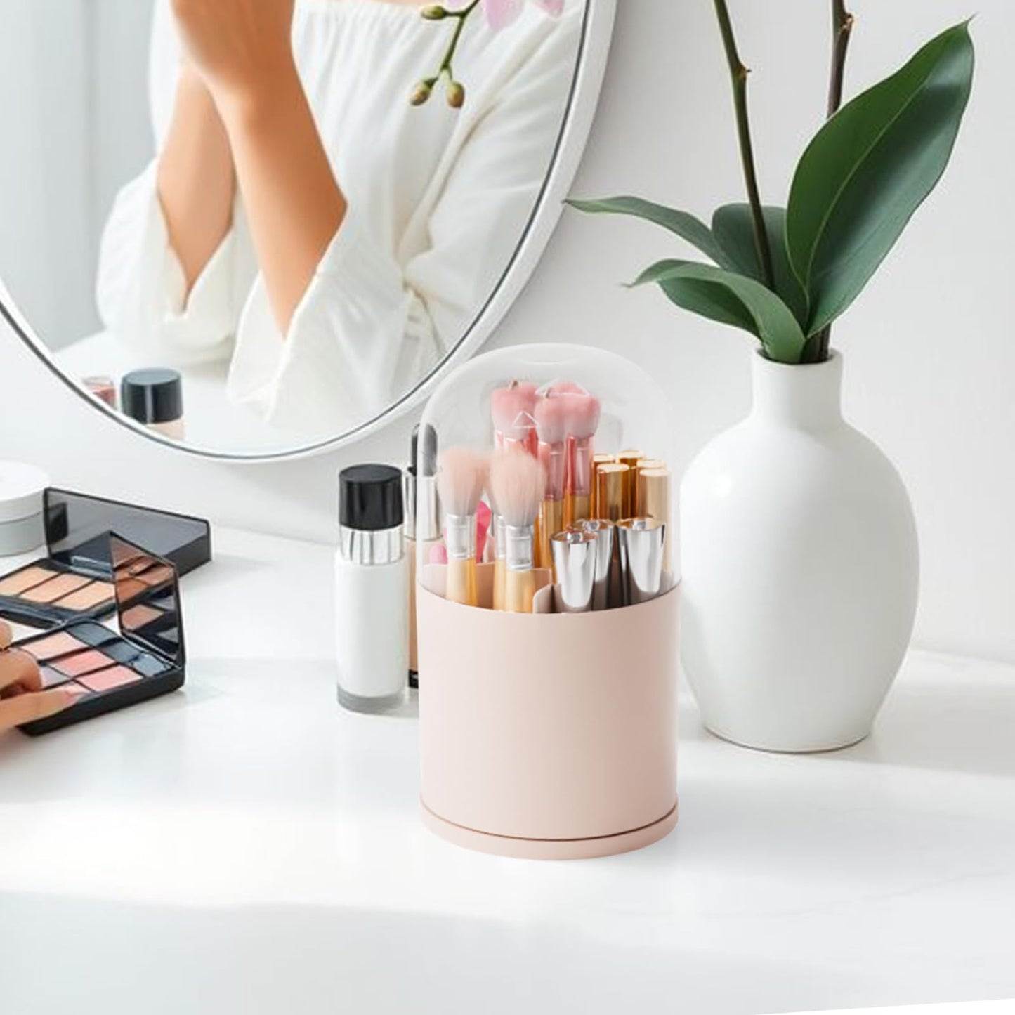 Yieach Rotating Acrylic Makeup Brush Holder with Lid for Vanity,Bathroom,Countertop,Covered Makeup Brushes Organizer,Round Spinning Cosmetic Brushes Holder and Make up Brush Storage with Cover,Pink