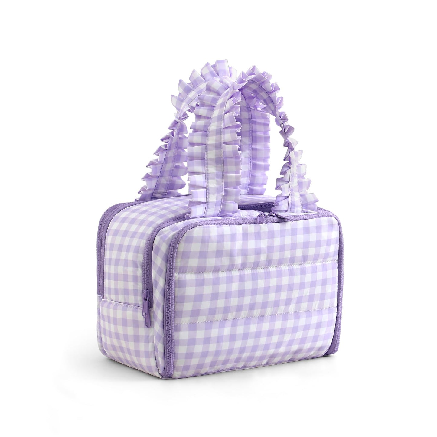 THOVSMOON Travel Toiletry Bag for Women,Water-resistant Large Gingham Makeup Cosmetic Organizer with Ruffles Handle for Traveling, Toiletries, Cosmetic, Essentials Accessories(Purple Gingham)