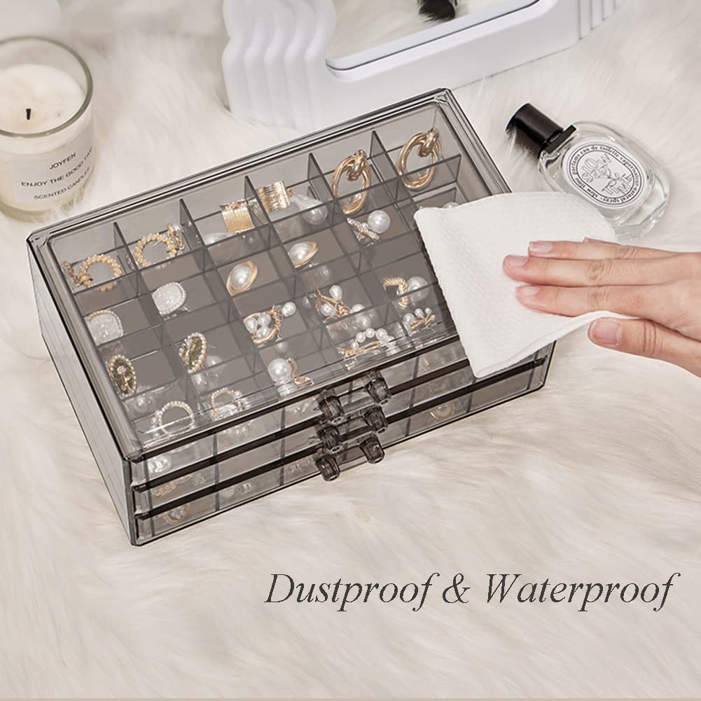 YUFONG Earring Storage Box Organizer 3 Drawers Acrylic Jewelry Storage Box Holder Transparent Jewelry Display Stand with 72 Small Compartments Gift for Women Girls (Clear Black)