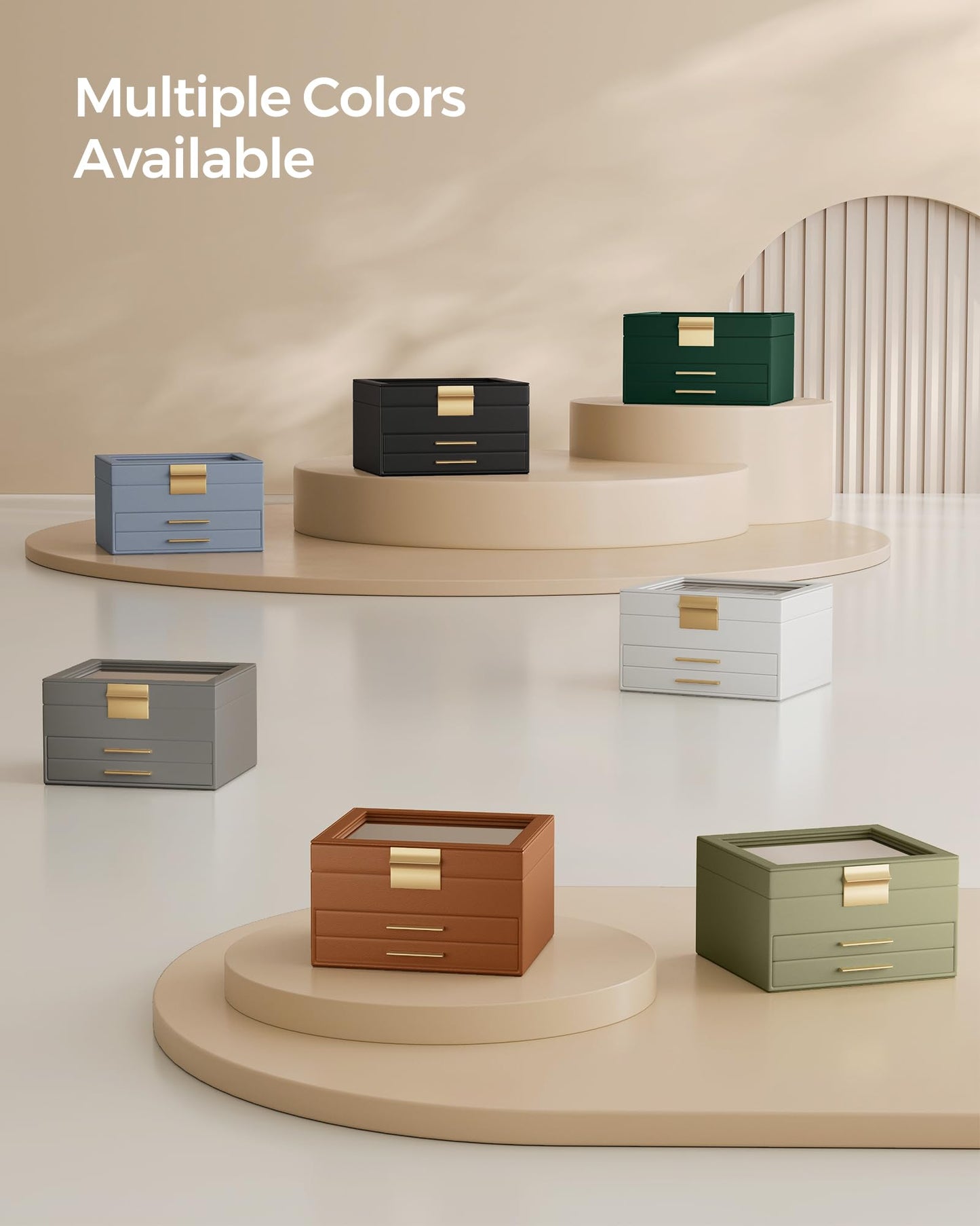SONGMICS GISELLA Collection - Jewelry Box Organizer with Glass Lid, 3-Layer Jewelry Storage, with 2 Drawers, Modern Style, 8 x 9.1 x 5.3 Inches, Cloud White and Gold Color UJBC239WT
