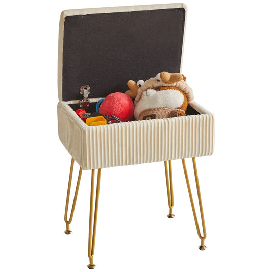 YMYNY Vanity Stool Chair with Storage, Square Ottoman Foot Stool, Modern Multifunctional Makeup Stool for Bedroom, Living Room, Office, Gold Legs, 18.9 * 15.75 * 11.6", Beige, UHBD024M