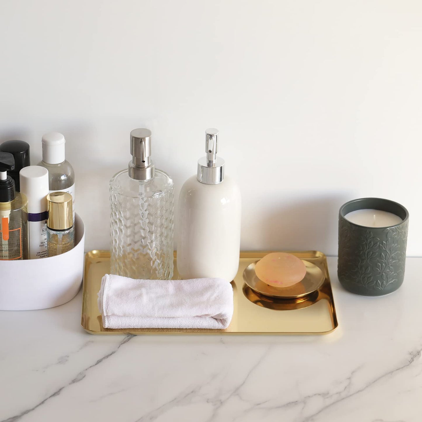 FREELOVE Rectangle Metal Decorative Serving Tray, Perfume Organizer Candle Towel Makeup Jewelry Organization Dresser Vanity Counter Coffee Table Desk Preppy Room Decor, Mirror Gold, 12''X7.9''