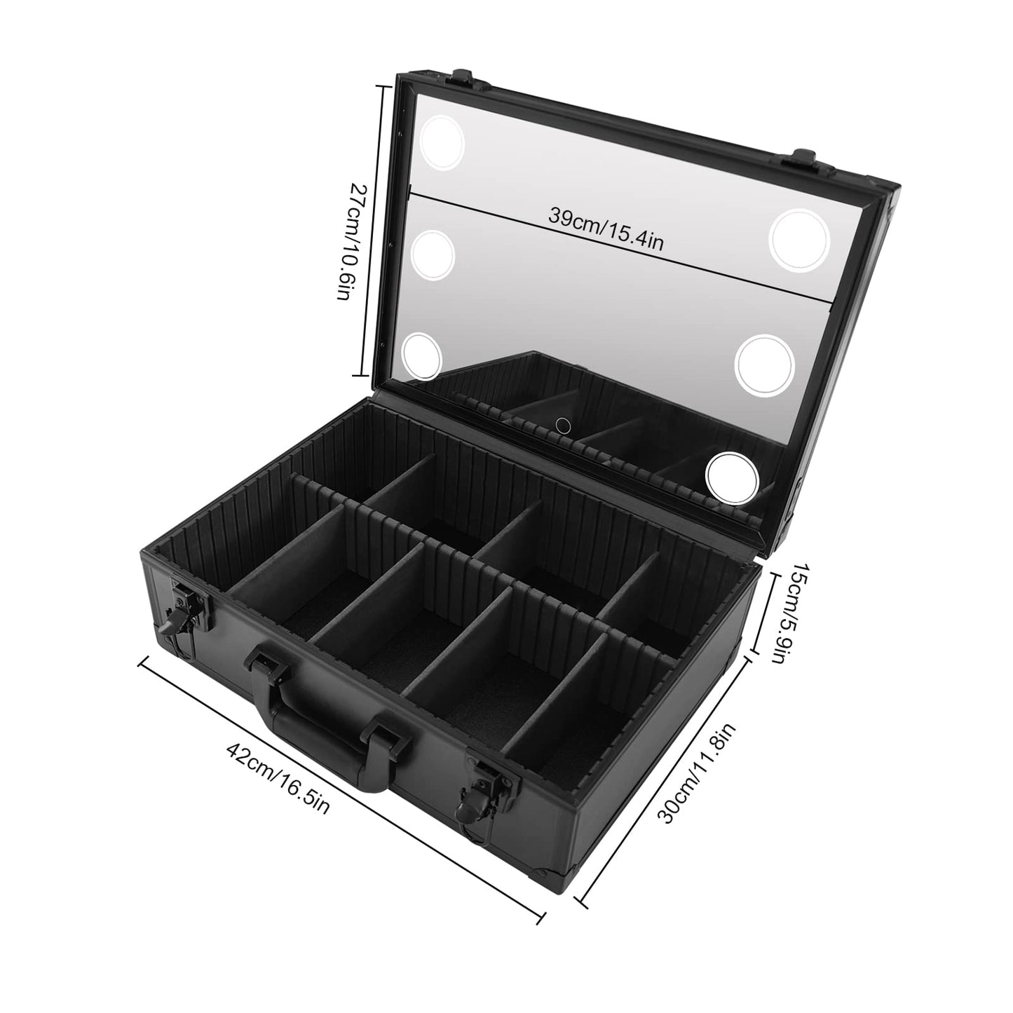 Fufiea Large Makeup Train Case with LED Mirror and Adjustable Dividers, Professional Cosmetic Organizer Box, 15lbs Capacity Waterproof Travel Case, Portable Black Makeup Suitcase for Artists