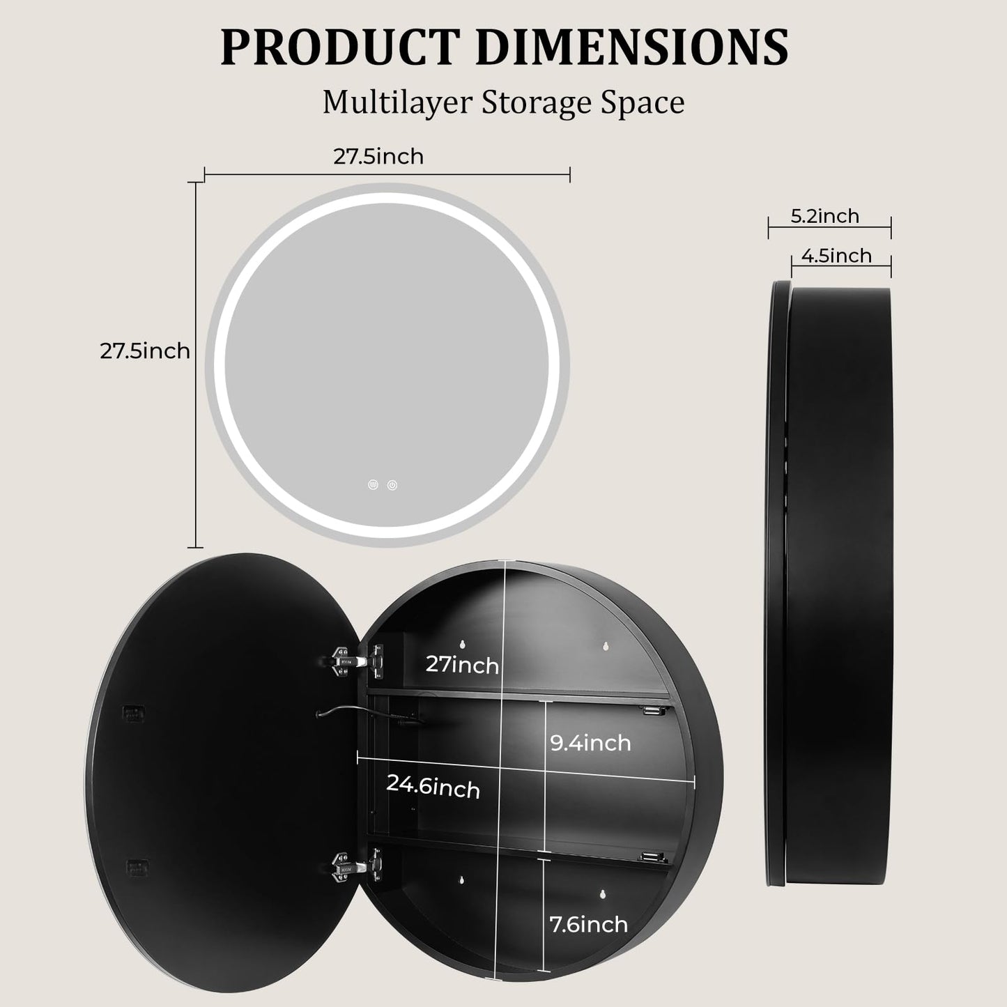 WallBeyond 28 in Round LED Medicine Cabinet with Mirror, Black Bathroom Cabinet with Storage, 3 Color Stepless Dimmable Lights, Anti-Fog, Memory Function, Hardwired, Surface Mount