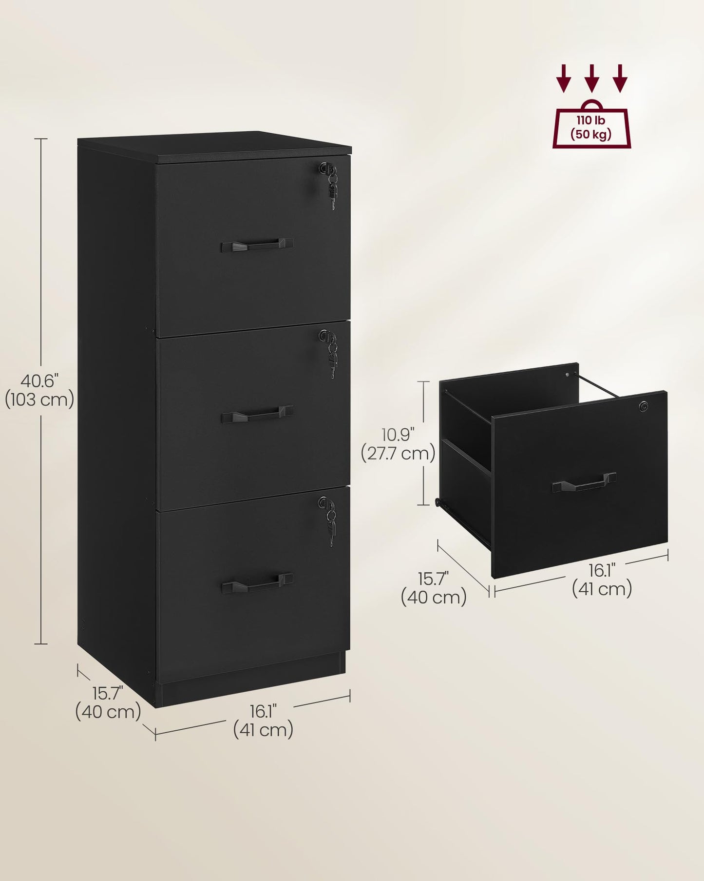 VASAGLE CUSTOS Collection - File Cabinet, 3 Drawer Filing Cabinet for Home Office, with Wheels, for A4, Letter Sized Documents, Hanging File Folders, Black UOFC055B16