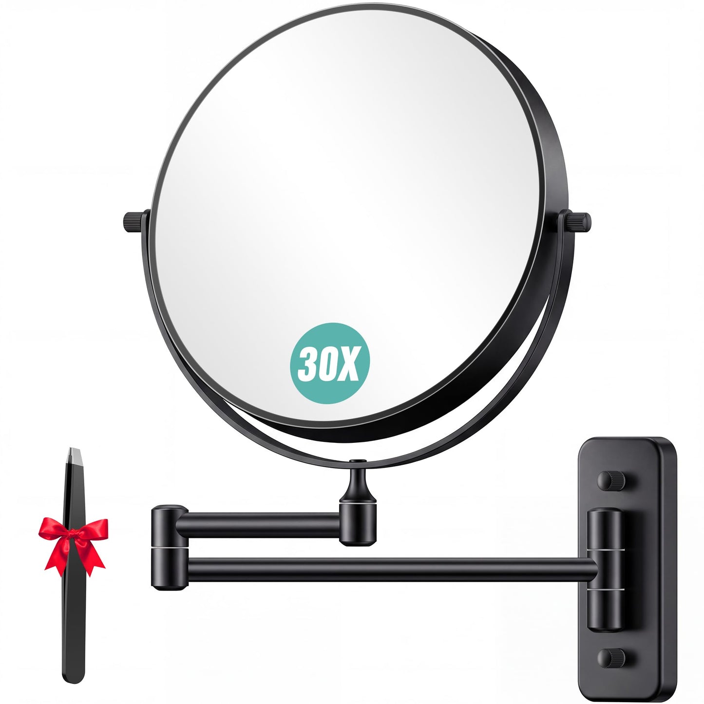 Auxmir 1X/30X Wall Mounted Makeup Mirror, Double Sided Magnifying Mirror with Tweezers, Bathroom Makeup Mirror, Cosmetic Vanity Mirror with 360 Rotation Extendable Swivel Arm, Black