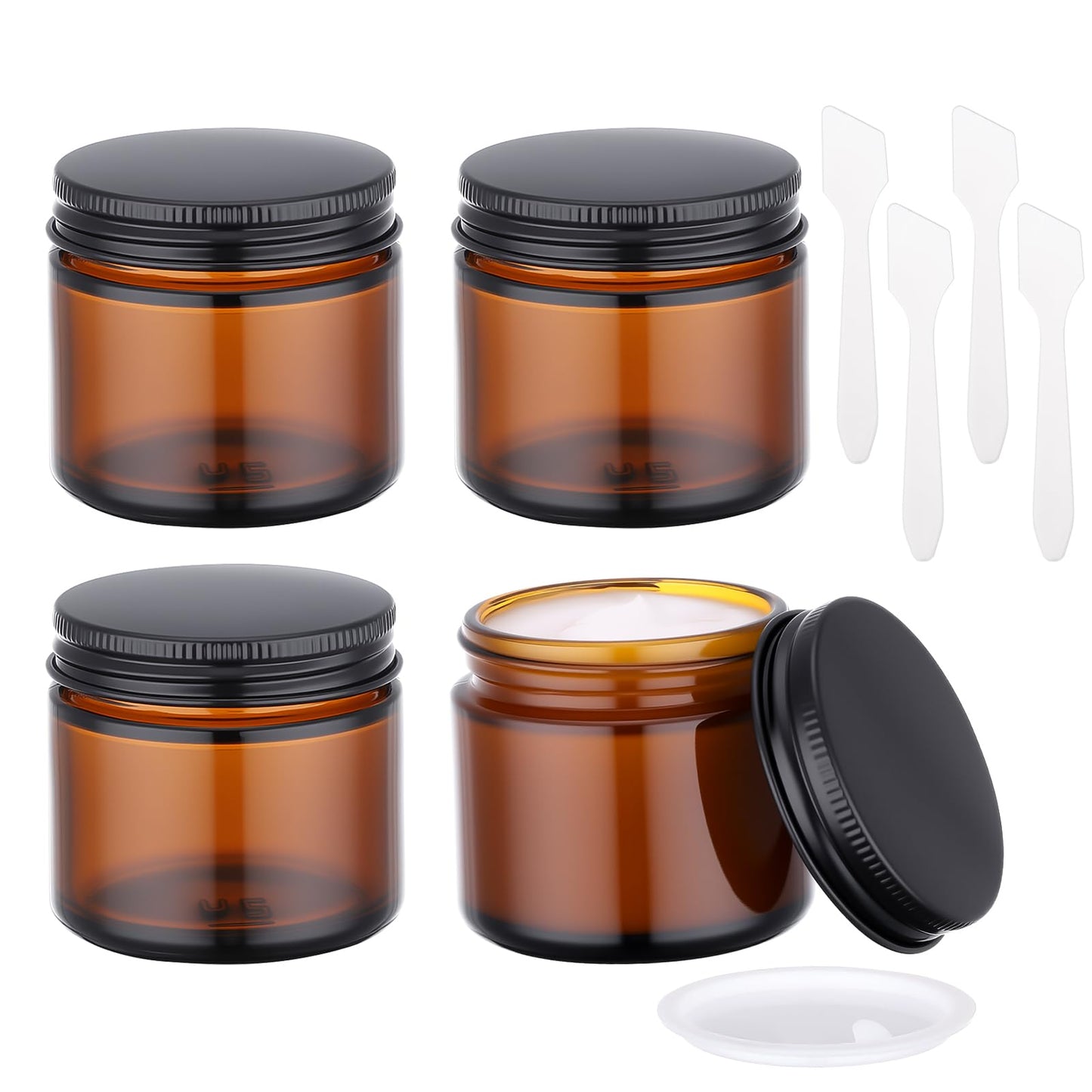 Segbeauty 2oz Amber Glass Jars with Black Lids, 4 Pack 60ml Thick Empty Round Glass Jars with Inner Liner for Cosmetics, Travel Size Containers for Toiletries, Refillable Sample Bottles for Lotion