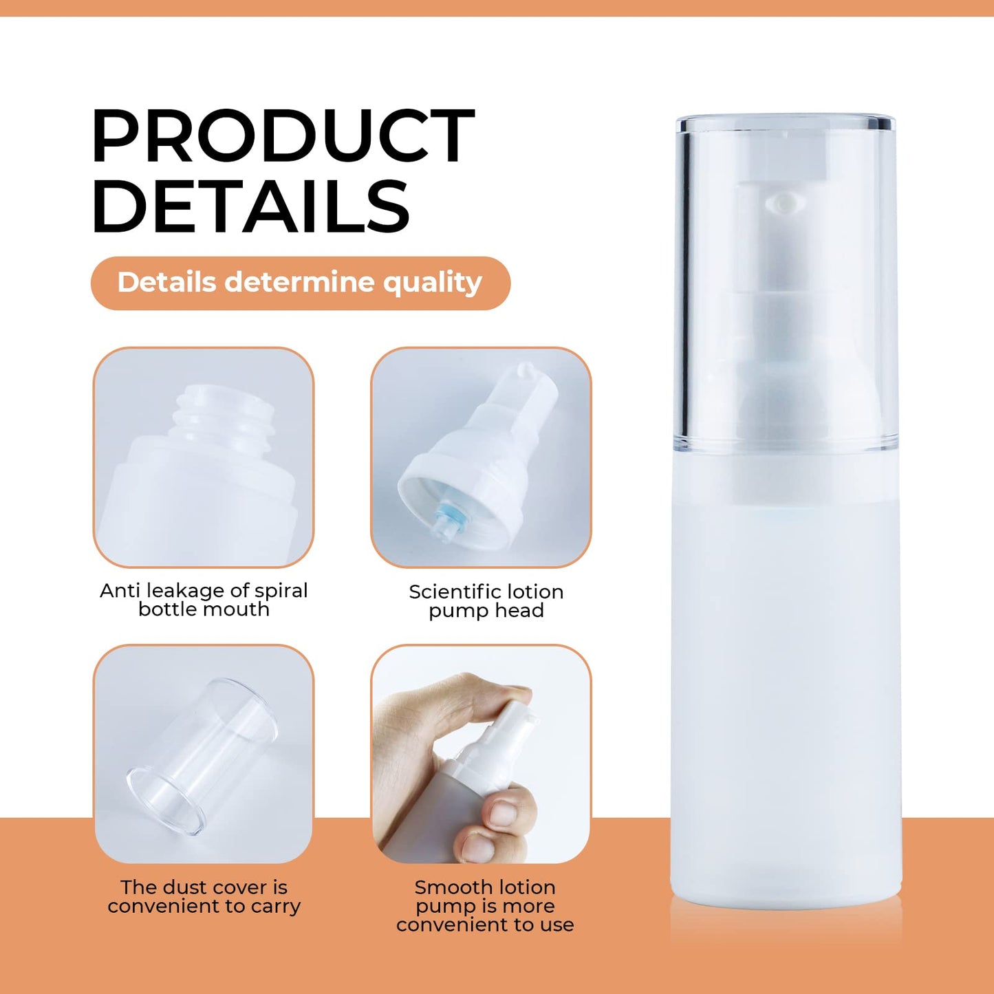 LONGWAY 1oz 30ml Airless Cosmetic Cream Pump Bottle Travel Size Dispenser Refillable Containers/Foundation Travel Pump Bottle for Shampoo（Pack of 6, Frosted Translucent）