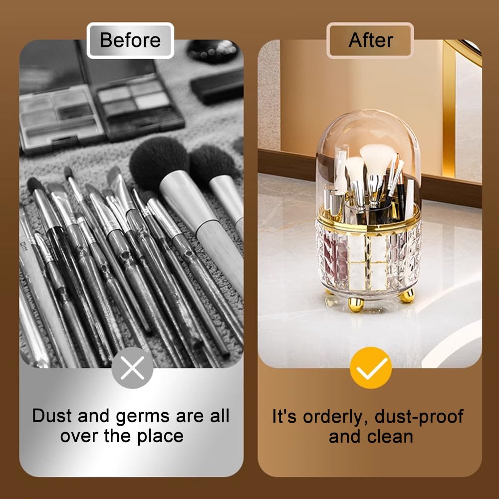 Haiansan Makeup Brush Holder with Dustproof Lid, 360° Rotating Makeup Organizer, Spinning Cosmetic Organizer Pen Holder for Vanity Bathroom (Clear Gold)