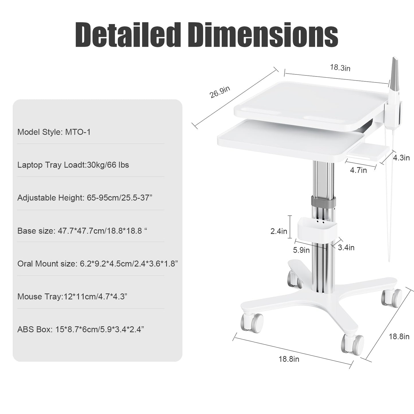 Medical Cart Height Adjustable Rolling Trolley with Oral Scanner Holder & Laptop Tray, for Dental Clinic, Hospital & Beauty Salon