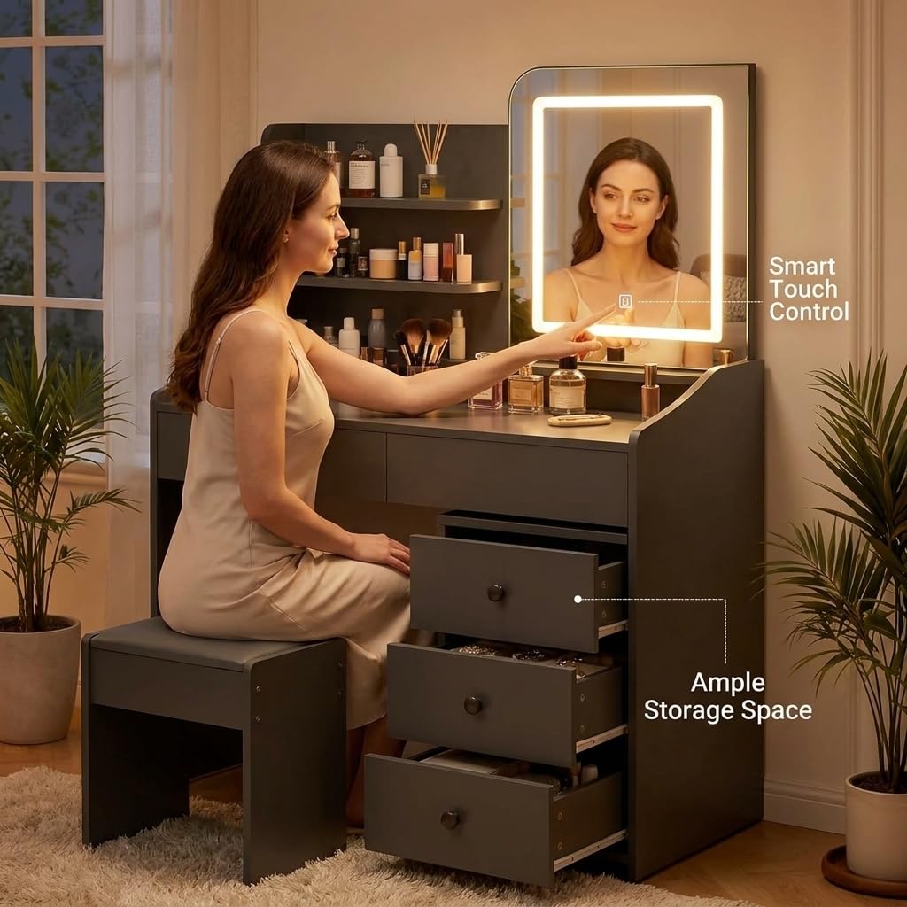 Oiroporz Vanity Desk with LED Mirror, Movable Cabinet, 5 Drawers & Open Shelves, 3-Color Adjustable Lighting for Bedroom