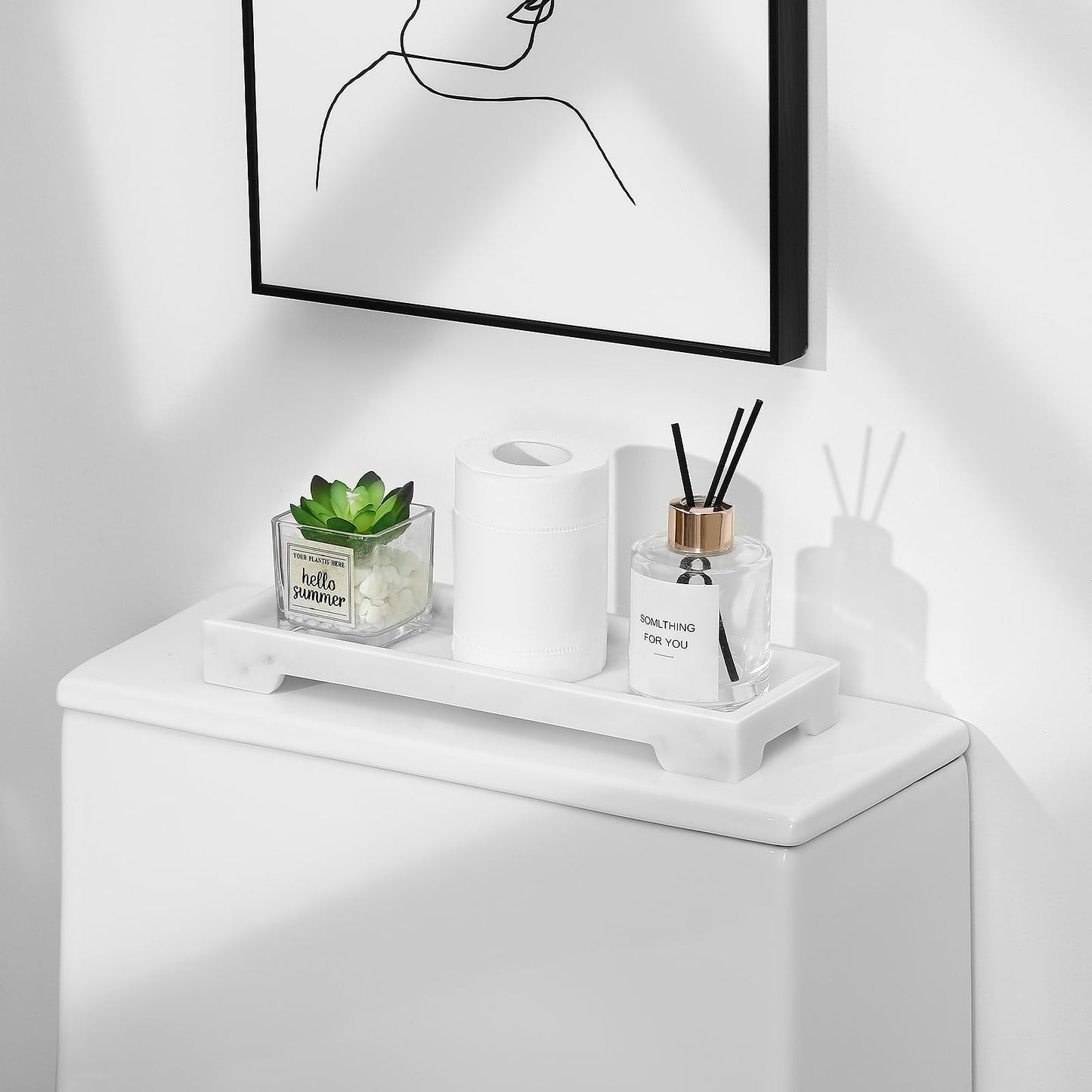 Luxspire Bathroom Vanity Tray, Resin Toilet Tank Tray, Kitchen Trays, 11" x 4" Rectangle Bathroom Tray for Counter, Marble Tray for Soap Dispenser Perfume Jewelry, Small, White Marble