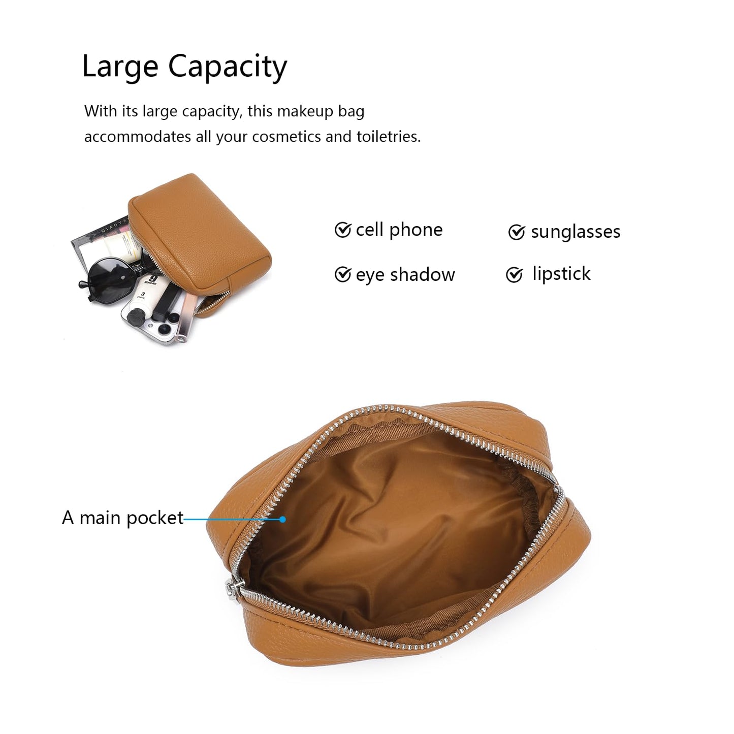 YONBEN Makeup Bag Large Capacity Women's Classic Black Wash Bag Adjustable Partition Wash Brush and Cosmetic Carrying Bag (Ochre)