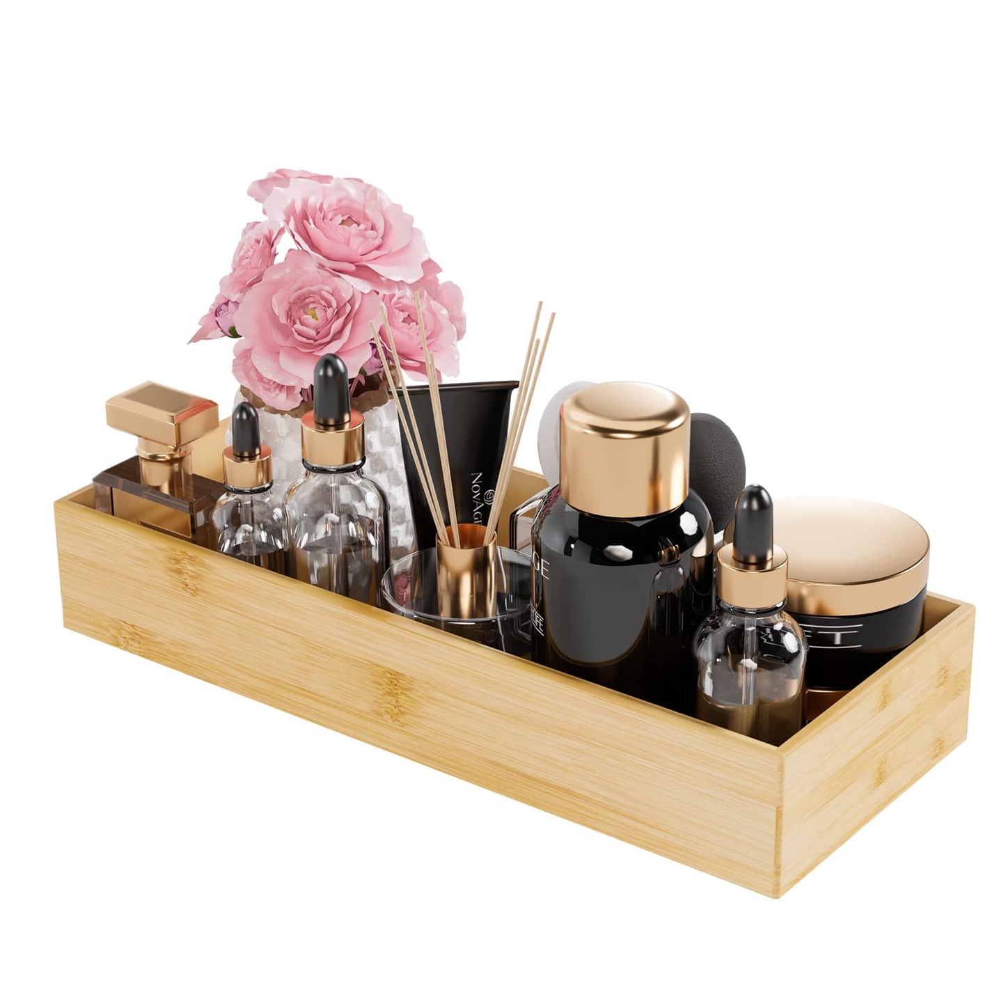 Bathroom Vanity Tray Organizer Bamboo, Small Wood Tray for Counter Kicthen Drawer, Rectangular Toilet Paper Storage Basket Box, Guest Sink Tray Decor, Bathroom Accessories 15" x 6" x 2.5"