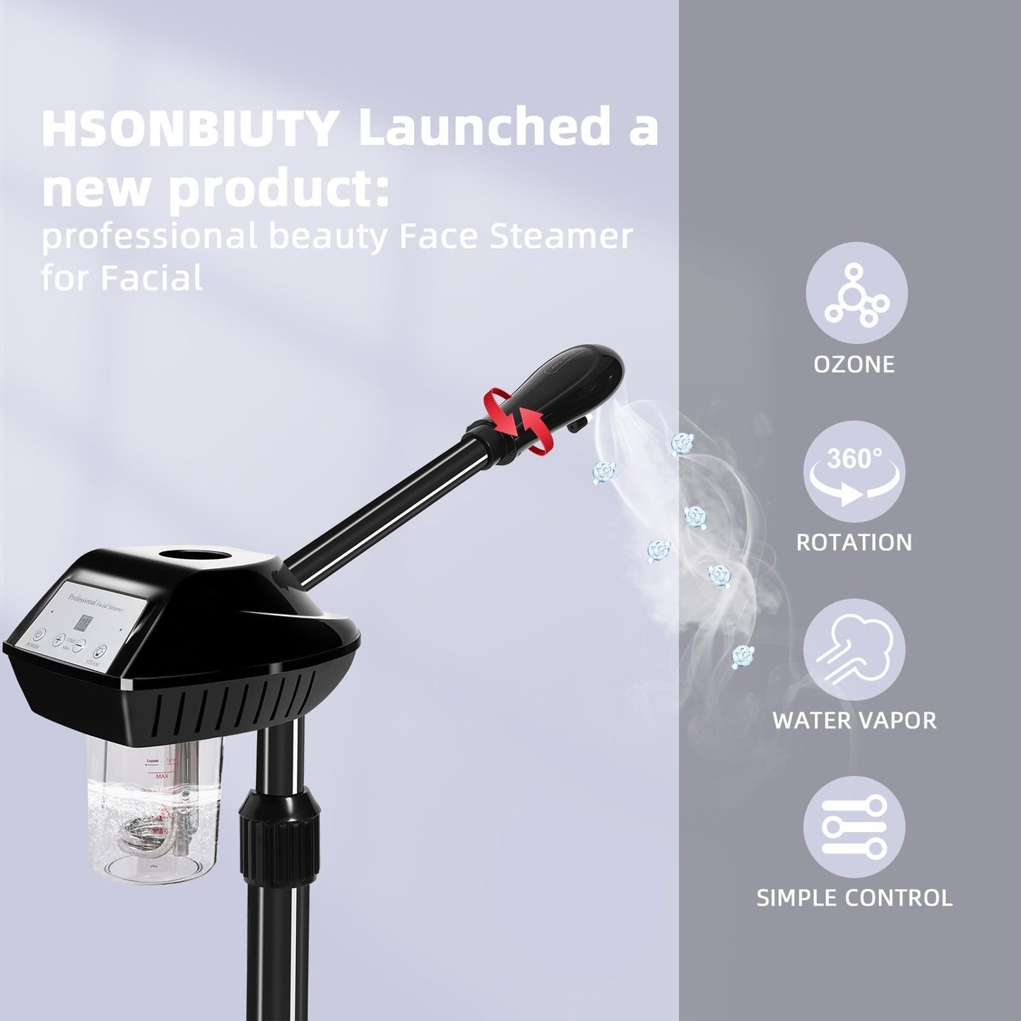 Professional Facial Steamer with More Steam for Deep Cleansing and Hydration, Face Steamer on Wheels with Time Setting, Estheticians Steamer Adjustable Height for Beauty, Spa and Home Use（Black）