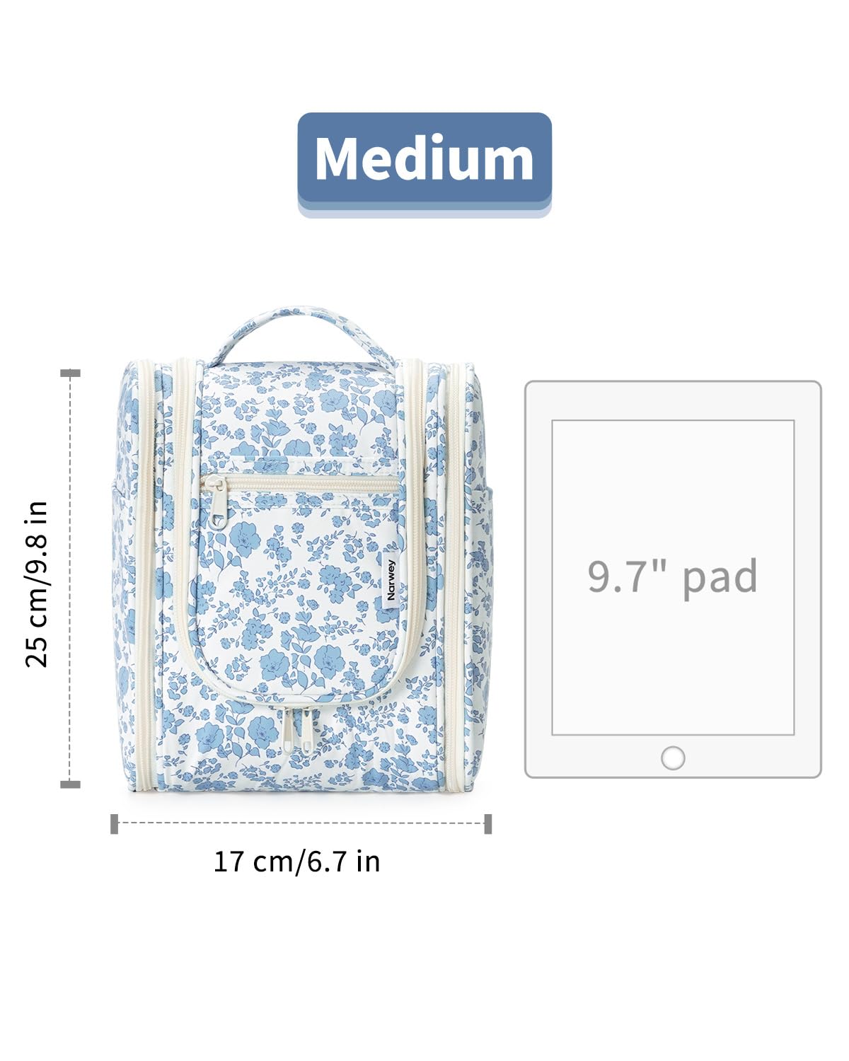 Narwey Hanging Toiletry Bag Women Travel Makeup Bag Organizer Toiletries Bag for Travel Size Essentials Accessories Cosmetics (Medium,Blue Flower)