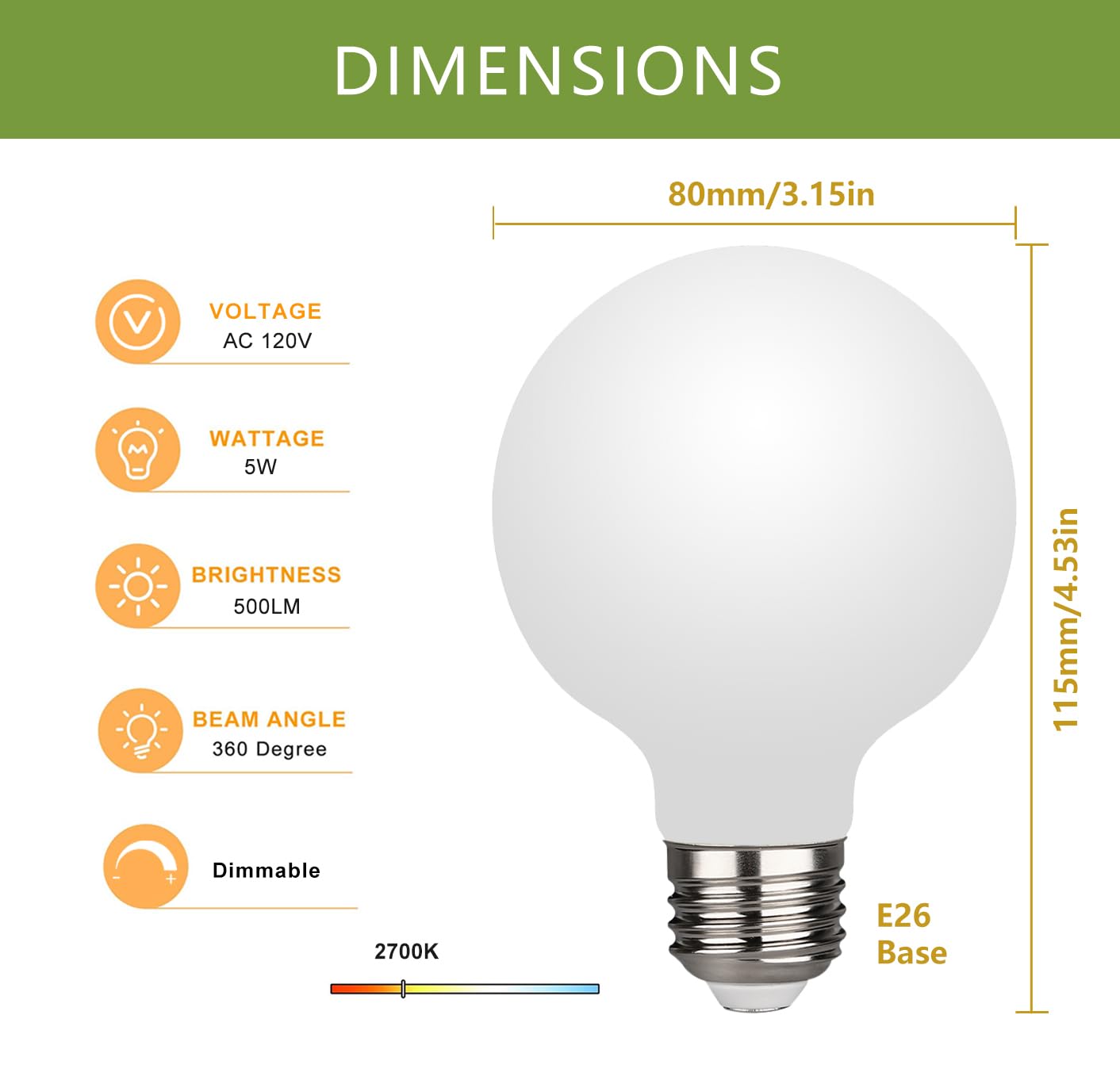 MEILUX G25 LED Globe Light Bulbs, Dimmable 5W (40 Watt Equivalent) LED Round Bathroom Bulbs, Warm White 2700K, 500LM, E26 Base, CRI90+ Milky Glass Bulbs for Vanity Makeup Mirror Bedroom, 6 Pack