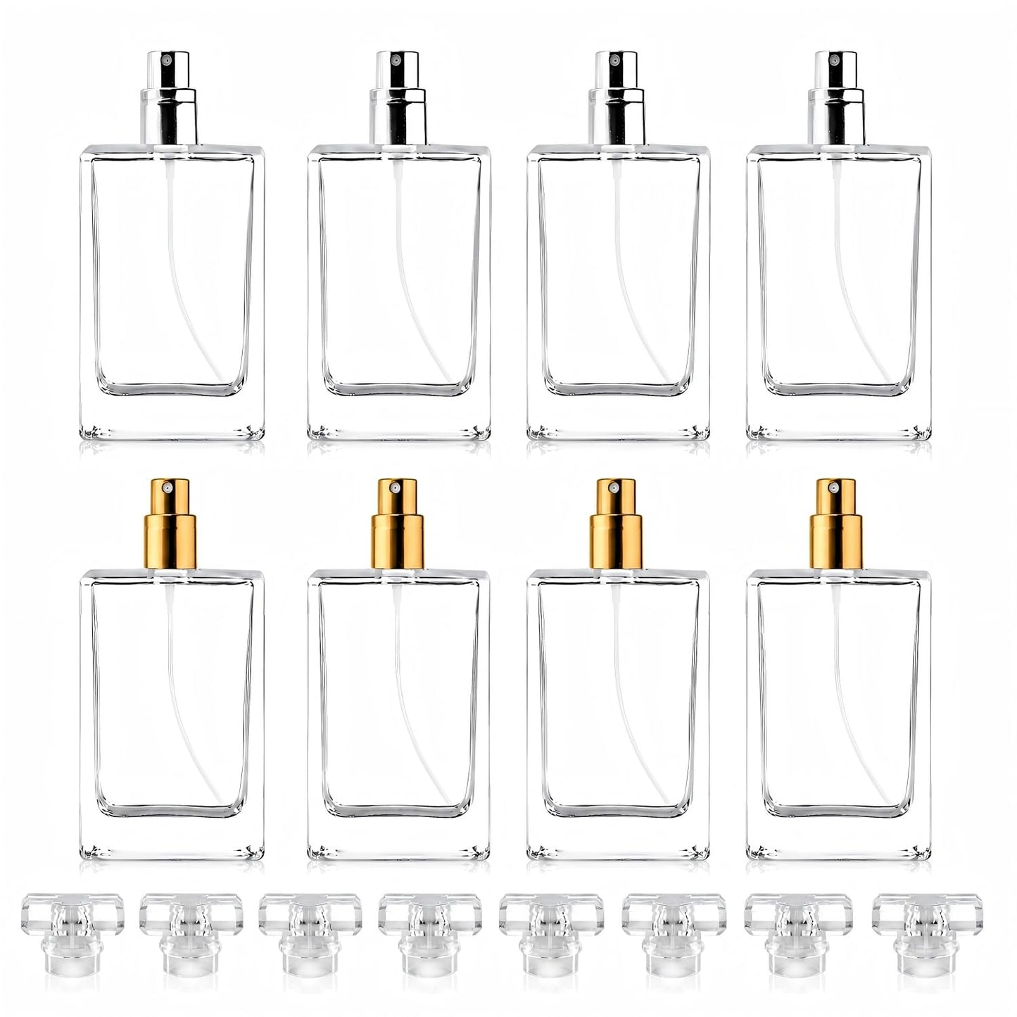 Enenes Glass Perfume Bottles 8 Pack 30ml/1Oz Premium Square Gold & Silver Refillable Atomizer Spray Bottle Leak-Proof Portable Empty Perfume Containers for Travel, Purse, Gym & Home Office Use