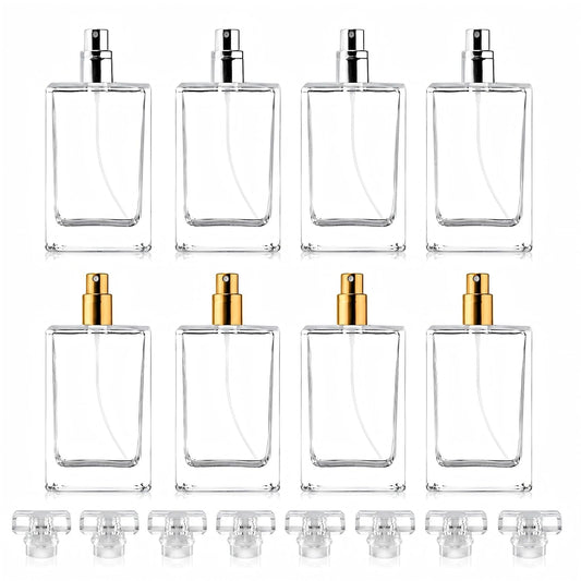 Enenes Glass Perfume Bottles 8 Pack 30ml/1Oz Premium Square Gold & Silver Refillable Atomizer Spray Bottle Leak-Proof Portable Empty Perfume Containers for Travel, Purse, Gym & Home Office Use