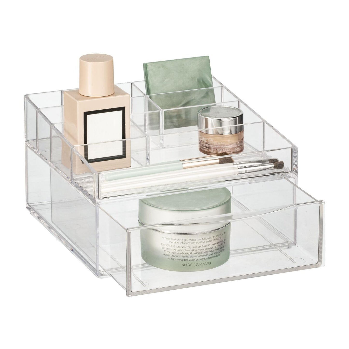mDesign Plastic Divided Makeup Organizer Holder Bin with Front Drawer for Bathroom Vanity, Countertop Storage - Cosmetic Organization Holds Palettes, Brushes, Accessories - Cadi Collection - Clear