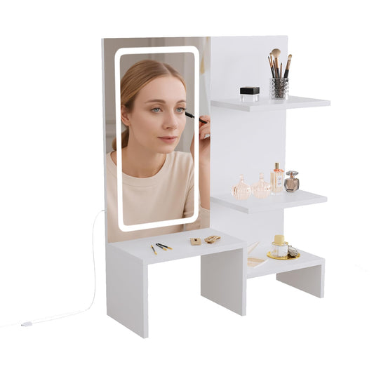 Vanity Mirror with Storage - White Table Top Vanity Mirror with Lights, 3 Color Adjustable Lighting, Desktop Makeup Mirror with 3 Tier Shelf, 21.6" Tabletop Vanity for Dresser Top Small Bedroom