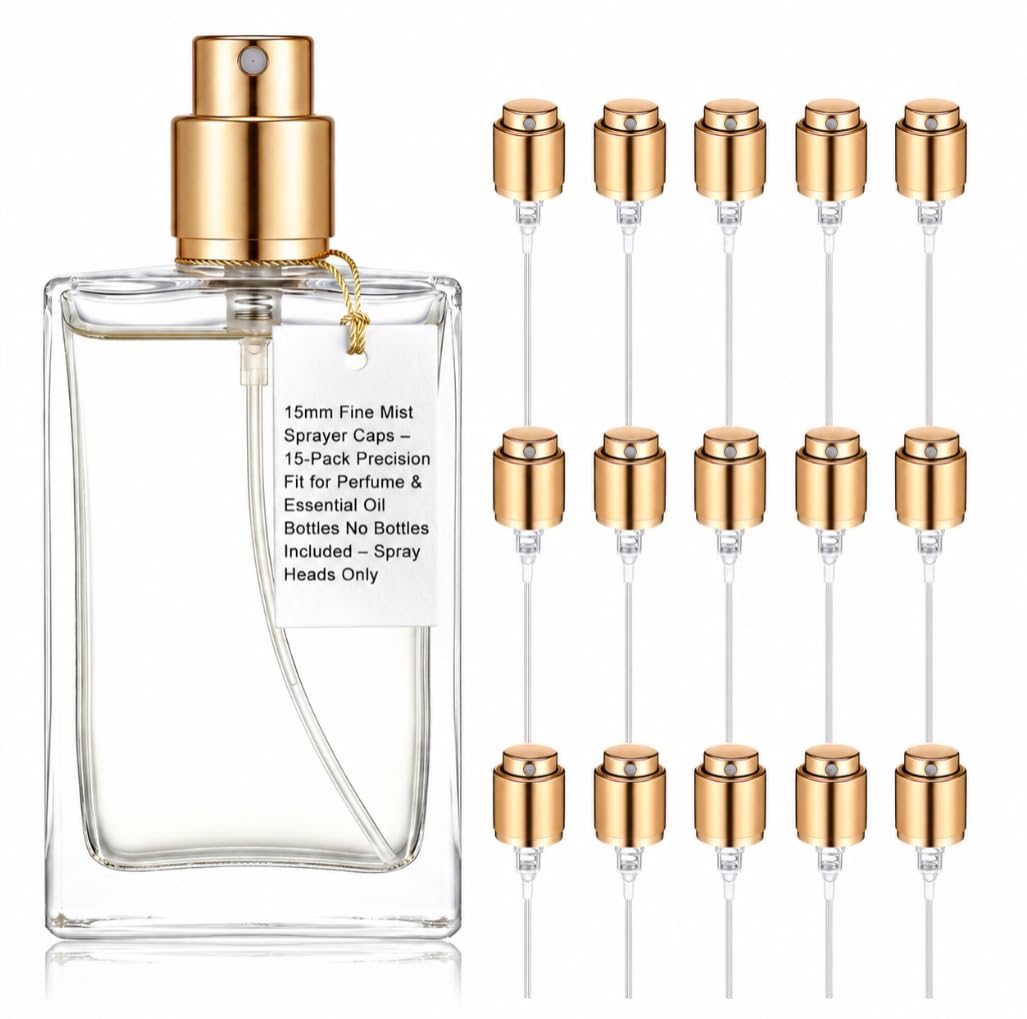 15mm Bayonet Fine Mist Sprayer Caps - 15pcs Bayonet Plastic Perfume Spray Bottle Nozzle Pump Spray Top Replacement for Perfume Skincare And Cleaning, Cologne Replacement Nozzle for Essential Golden